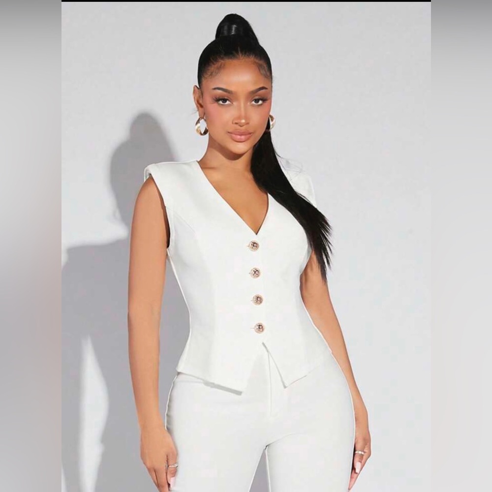 Button Front Shoulder Pad Vest White Gold Classic Suit Tailored Small